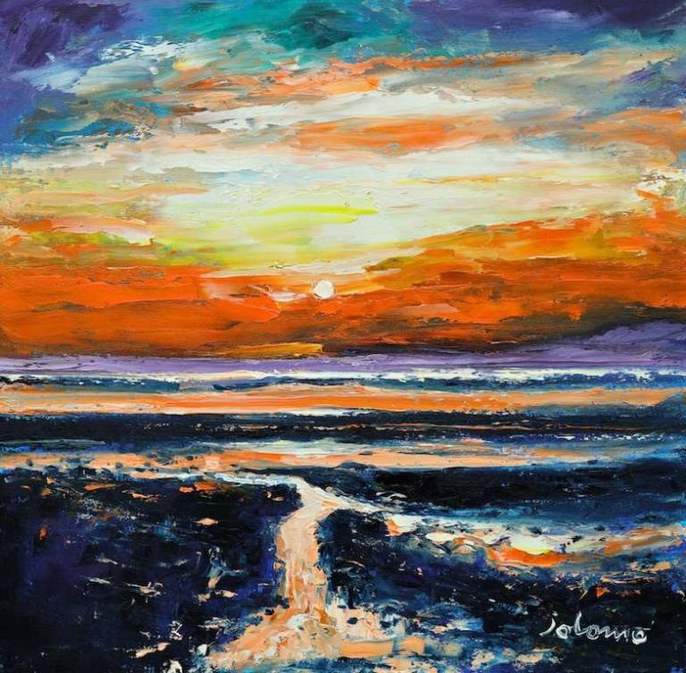 Sunset at low tide Ettrick Bay Isle of Bute 16x16 - John Lowrie Morrison