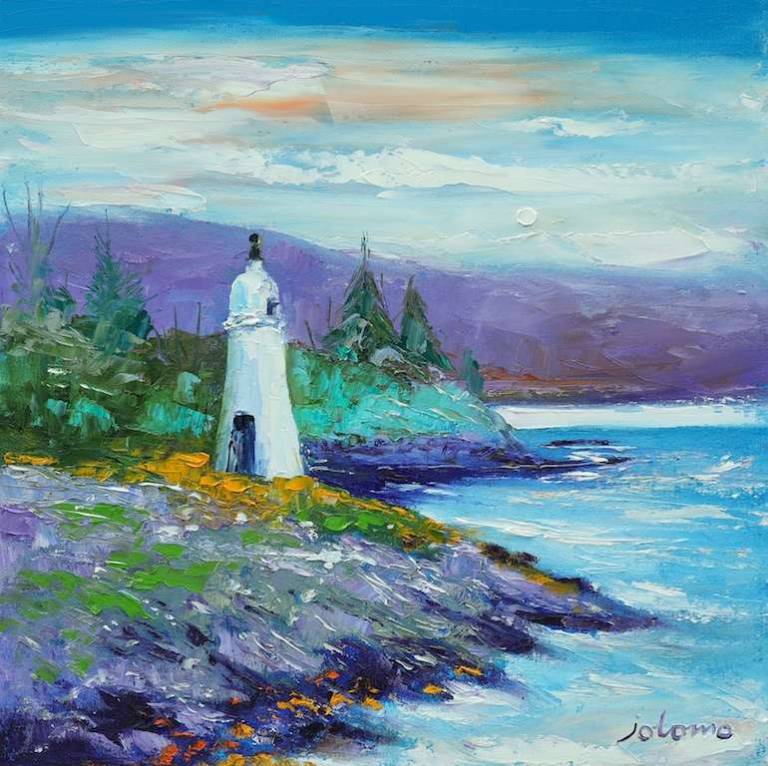 Misty Evening Eilean Dubh Lighthouse Tighnabruaich 16x16 - John Lowrie Morrison