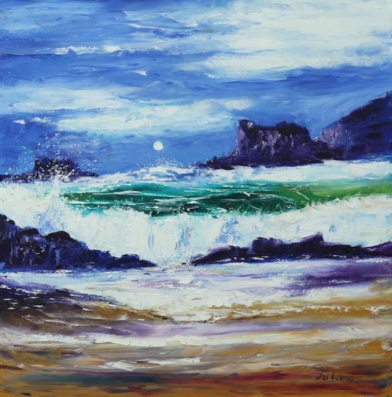 Big breakers in summer moonlight Isle of Lewis 30x30 - John Lowrie Morrison