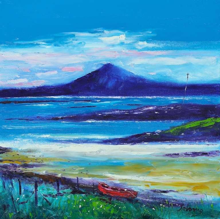 Red boat Carinish Bay Benbecula 24x24 - John Lowrie Morrison