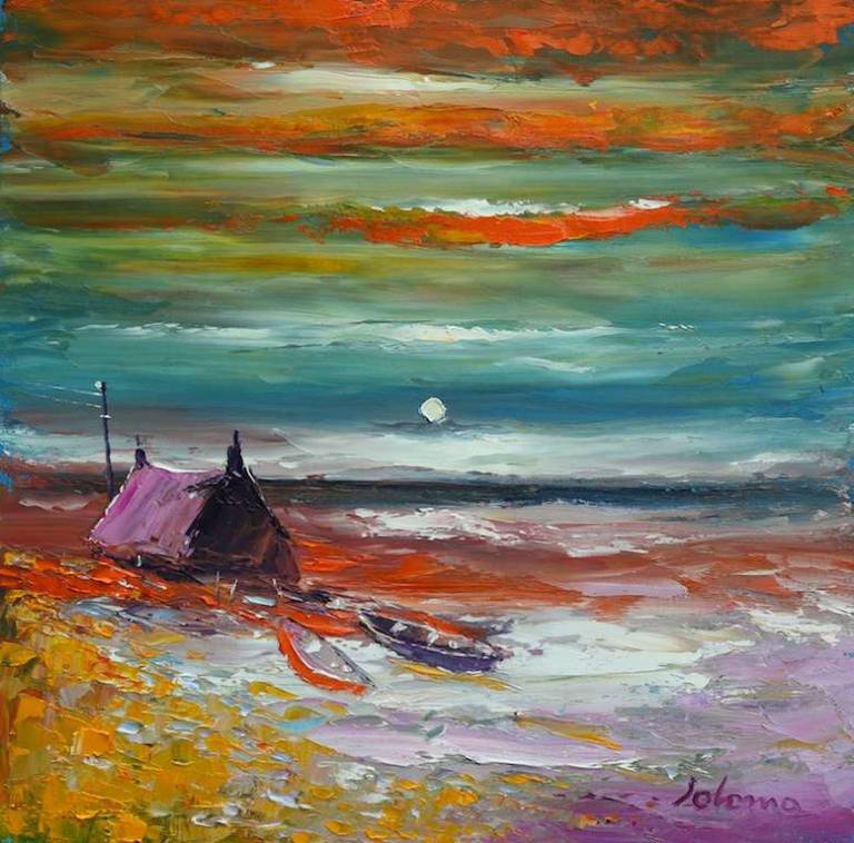 Beached boats rain passing South Uist 16x16 - John Lowrie Morrison