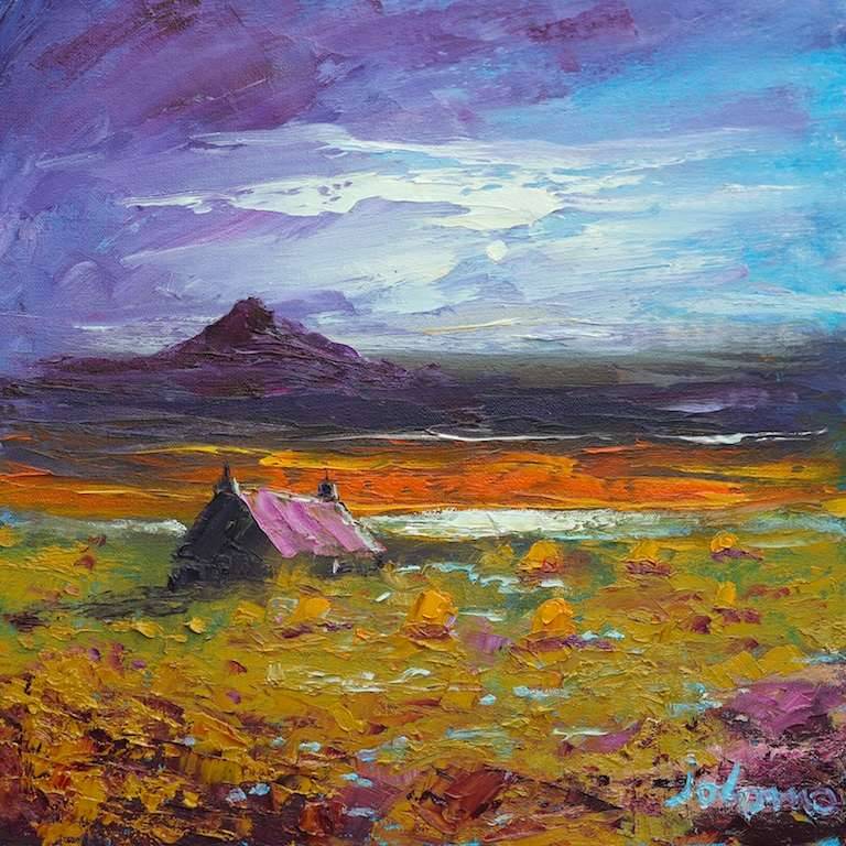 Stooks in the moonlight North Uist 12x12 - John Lowrie Morrison