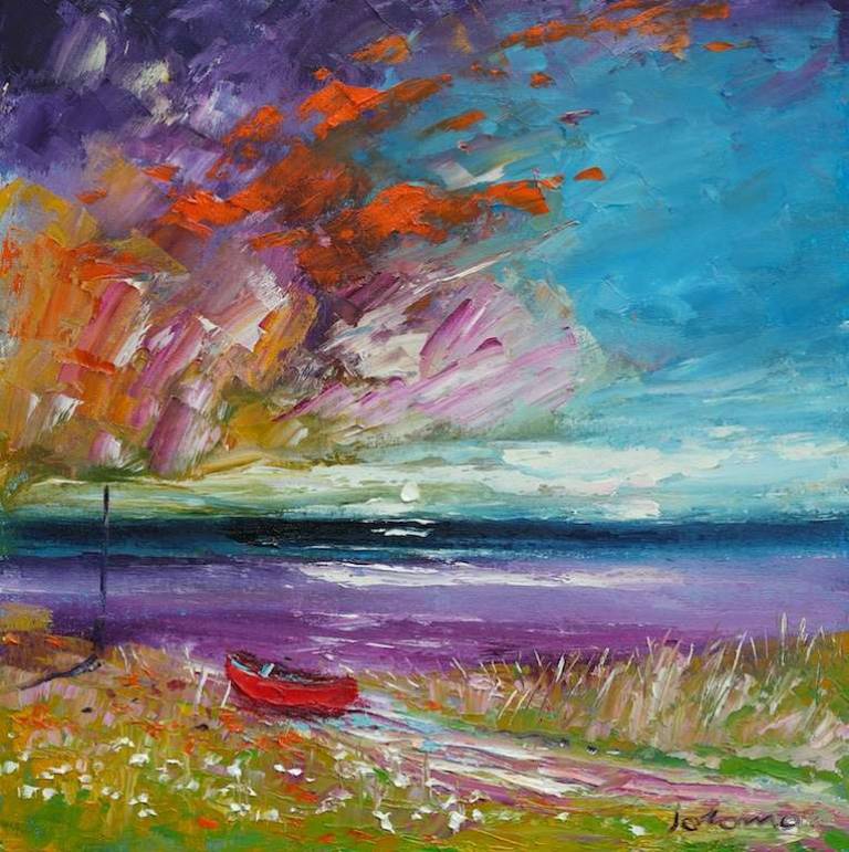 The red boat rain coming in Isle of Skye 16x16 - John Lowrie Morrison