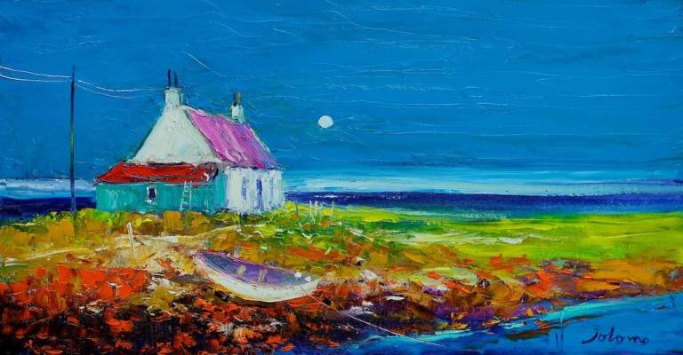 Beached boat in the moonlight Isle of Tiree 16x30 - John Lowrie Morrison