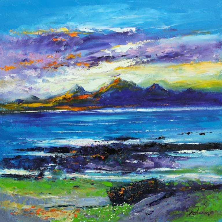 Eveninglight Colonsay looking to the Paps of Jura 24x24 - John Lowrie Morrison