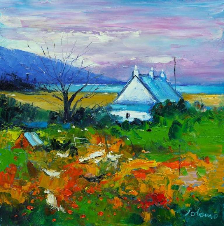 Hens in the yard Lochbuie Isle of Mull 20x20 - John Lowrie Morrison