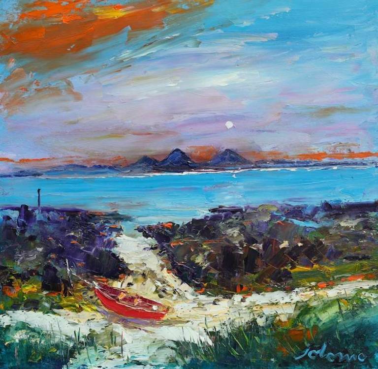 The Paps of Jura the red boat looking to Colonsay 16x16 - John Lowrie Morrison