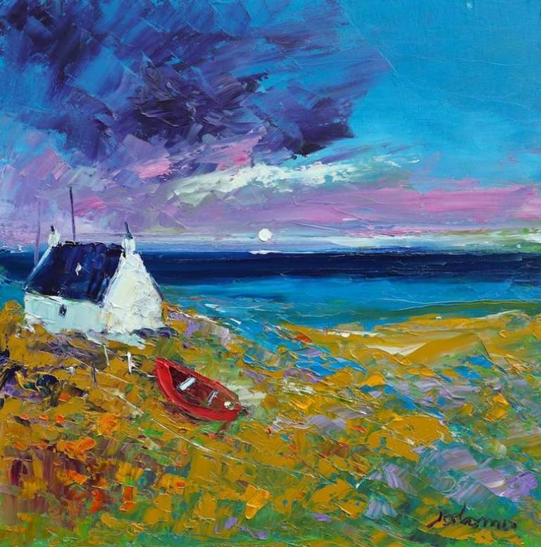 The red boat Isle lof Tiree 16x16 - John Lowrie Morrison