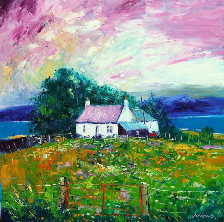 Morning Rain passing over Isle of Gigha 30x30 - John Lowrie Morrison