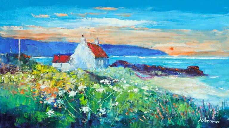 White wildflowers at Westport Kintyre 18x32 - John Lowrie Morrison