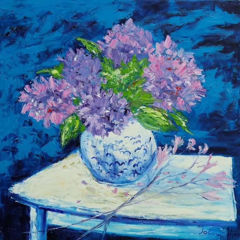 Bigleaf hydrangeas in a Japanese vase 30x30 - John Lowrie Morrison