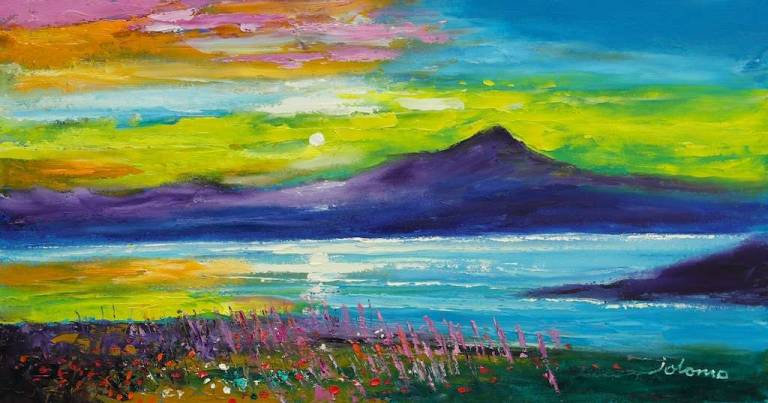 Arran looking from Grogport eveninglight 16x30 - John Lowrie Morrison