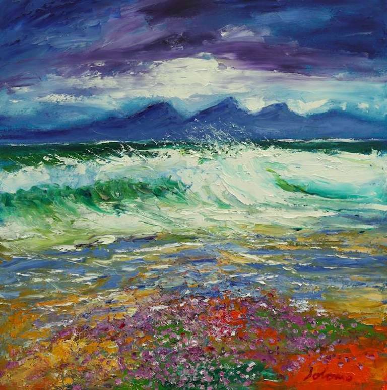 Pink sea thrift looking over the Paps 24x24 - John Lowrie Morrison