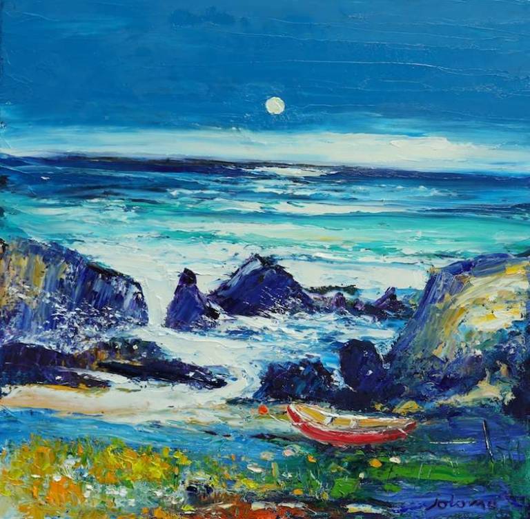 The red boat in the rocks of Ardlanish Mull 20x20 - John Lowrie Morrison