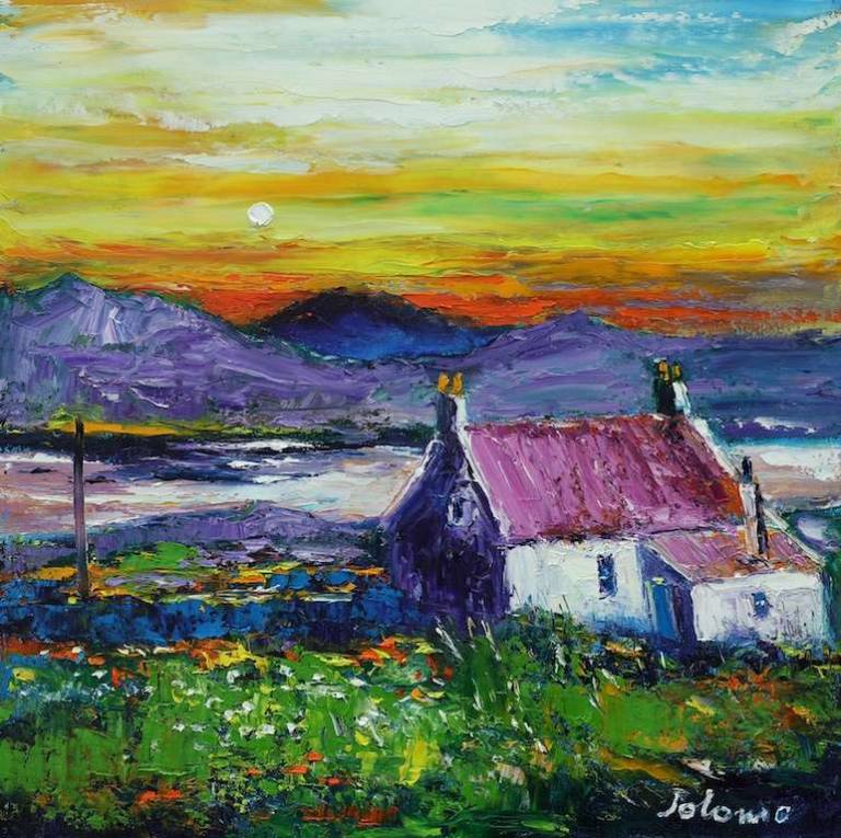 A croft in Lewis & Harris eveninglight 20x20 - John Lowrie Morrison