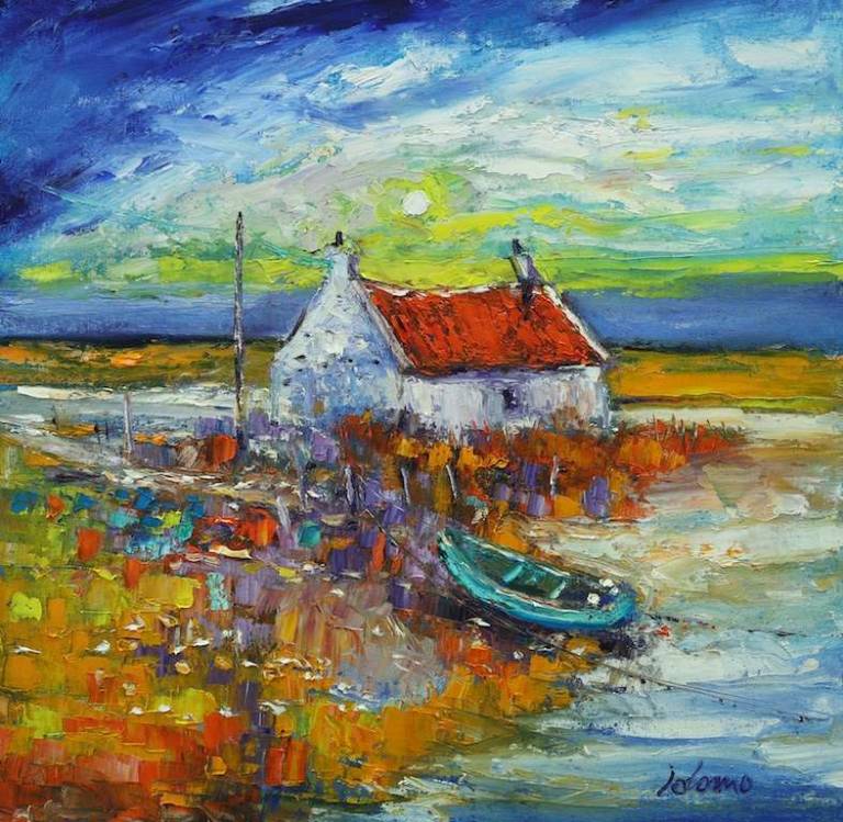 Rusty roof & green boat Isle of Barra  20x20 - John Lowrie Morrison