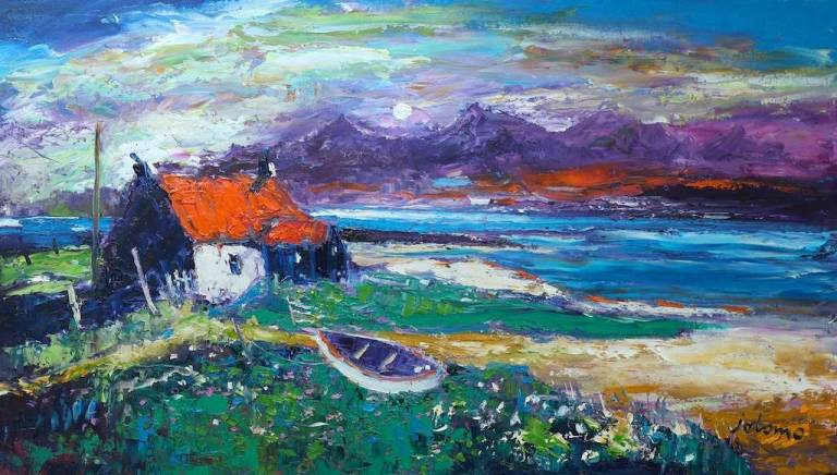Storm brewing over a ruined croft Uist 18x32 - John Lowrie Morrison