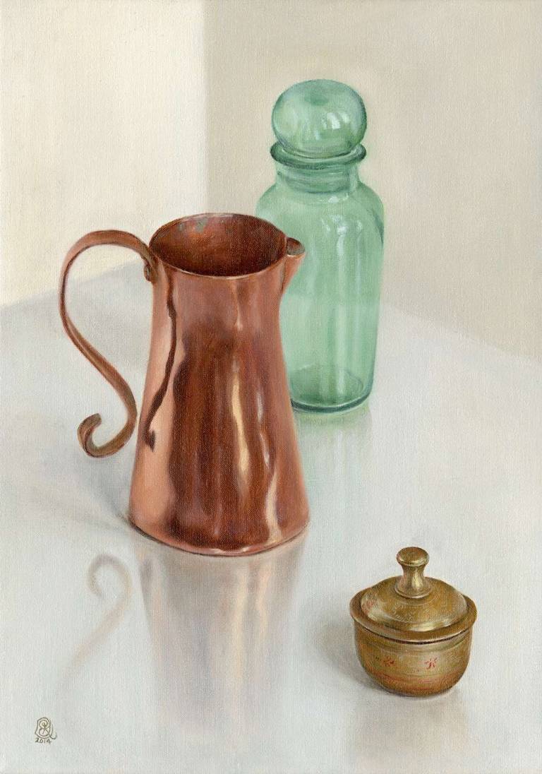 Copper Jug, Green Bottle, Brass Pot - Dawn Kay