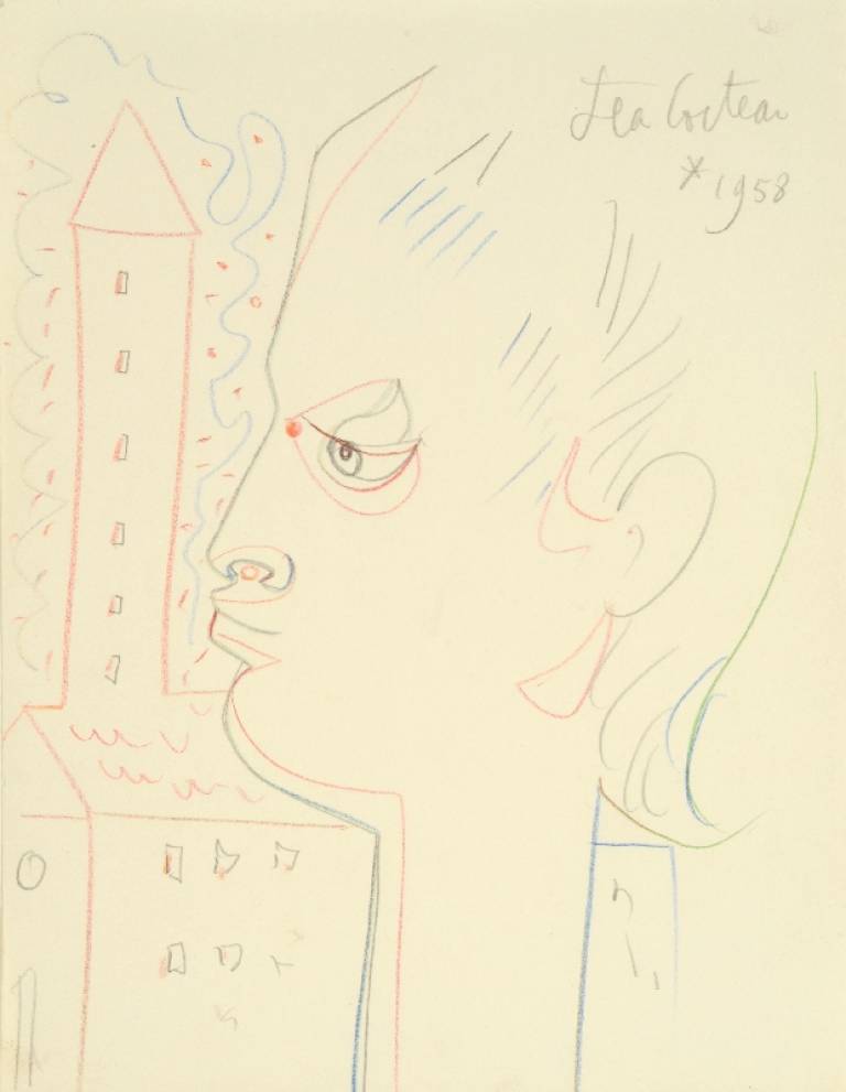 Jean Cocteau - Profil d'Homme aux Cheveux Longues. 1958.
