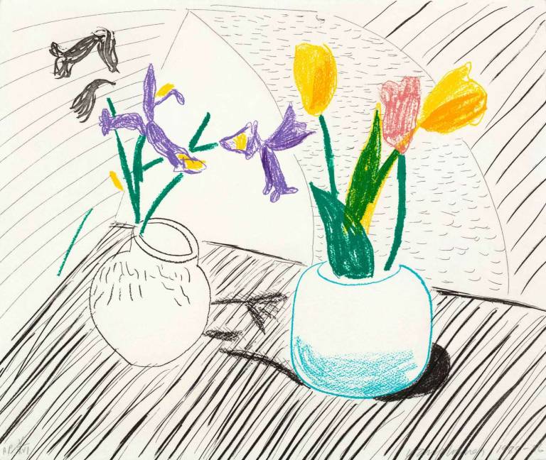 White Porcelain - Flowers in Vases. Moving Focus. 1985-1986. - David Hockney