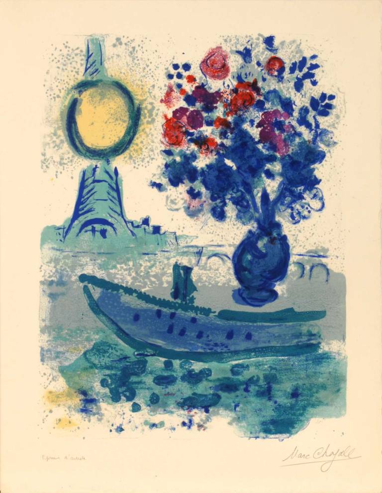 Marc Chagall - Marc Chagall 1887 – 1975 Bateau Mouche sur la Seine Avec Bouquet de Fleurs. 1961