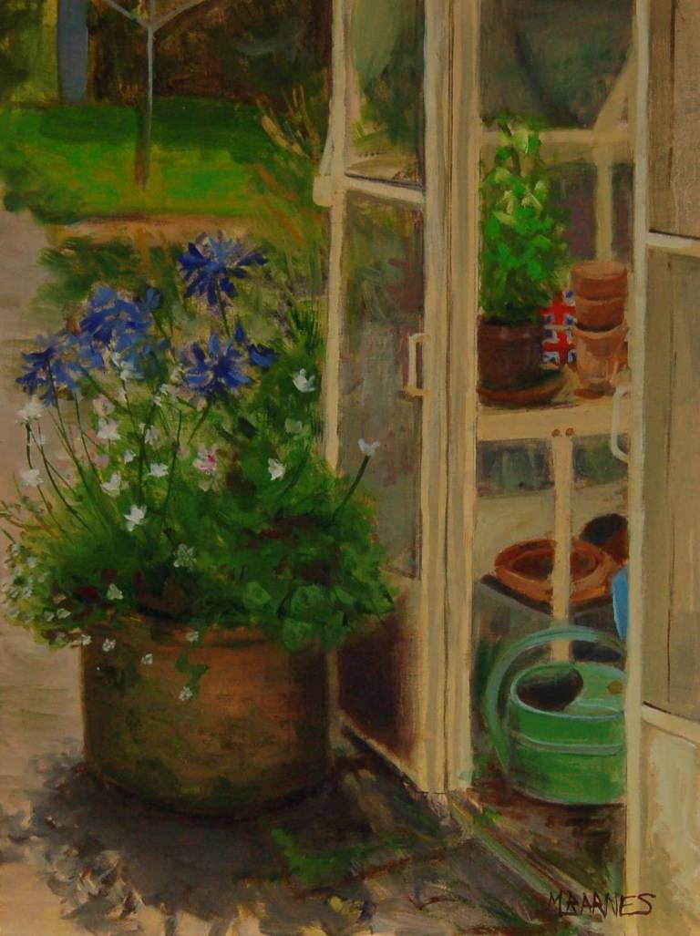 Agapanthus and Greenhouse (framed) RESERVED FOR EXHIBITION - Mary Barnes