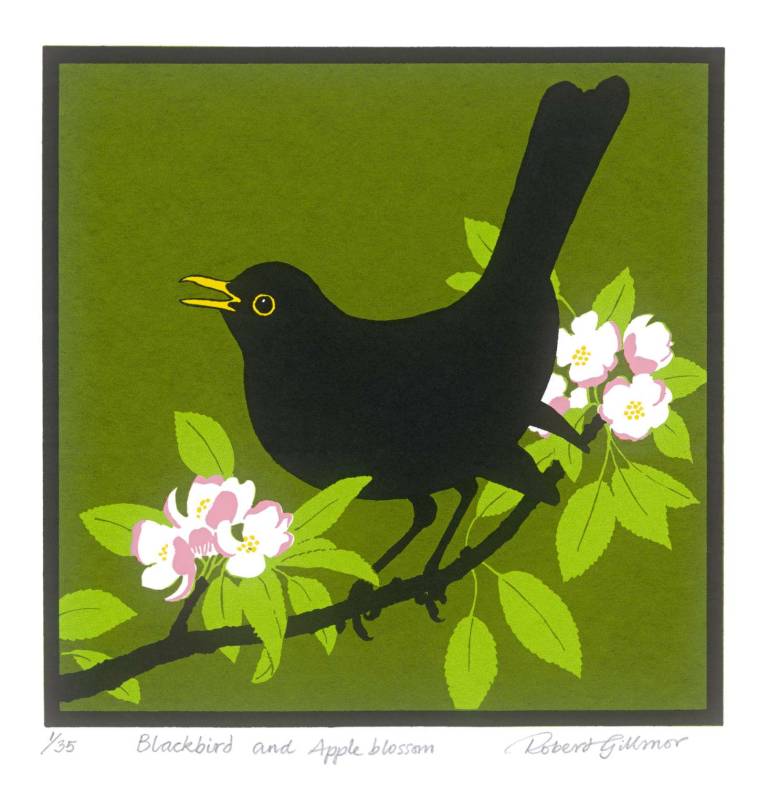 Robert Gillmor Silk-screen - Blackbird & Apple Blossom