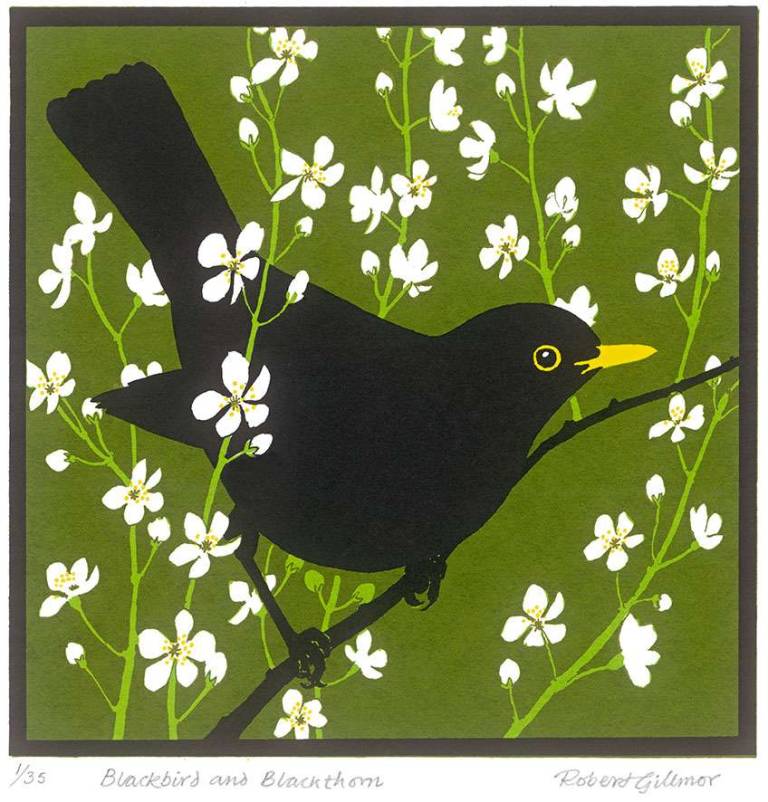 Robert Gillmor Silk-screen - Blackbird & Blackthorn (Edition 35)
