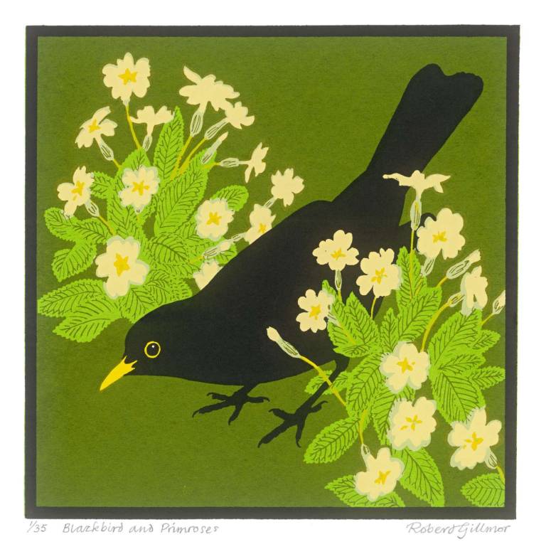 Robert Gillmor Silk-screen - Blackbird & Primroses