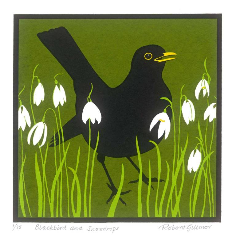 Blackbird & Snowdrops - Robert Gillmor Silk-screen