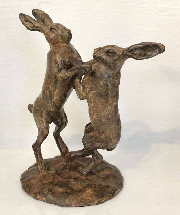 Robin Bouttell Pinkfoot Bronzes - Push Over (Boxing hares)