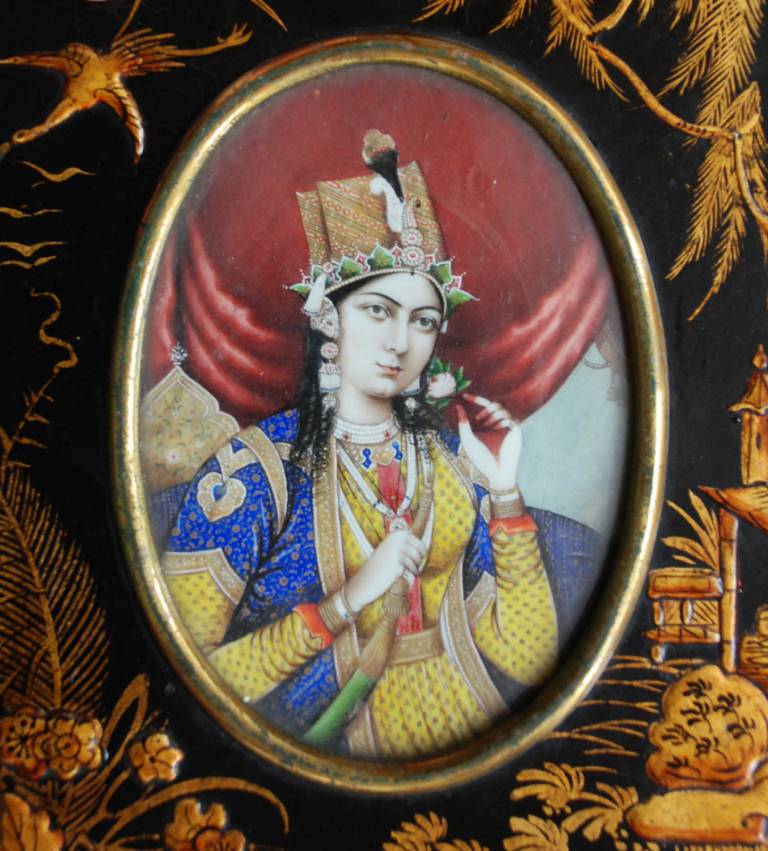 Indian Miniature Lady in a Handpainted Frame - Unknown