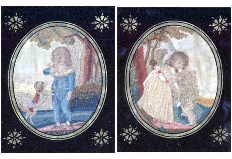 Georgian Silk Pictures of a Boy and Girl, A Pair - Unknown