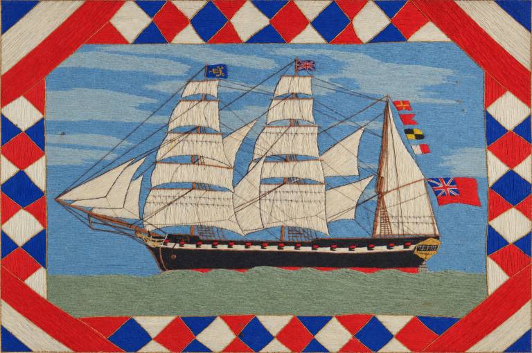 Frigate Under Sail in Colourful Motif Surround - Colin Millington