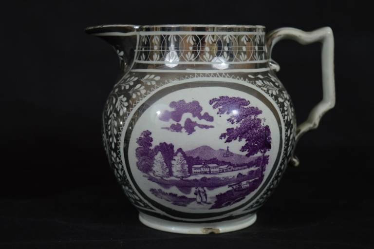 Silver Lustre Jug with Pastoral Scenes and Castle in red transfer - Unknown