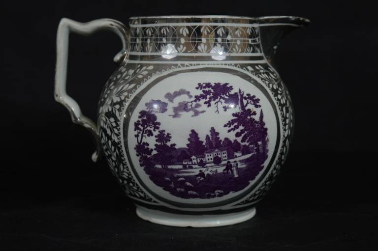 Silver Lustre Jug with Pastoral Scenes and Castle in red transfer - Unknown