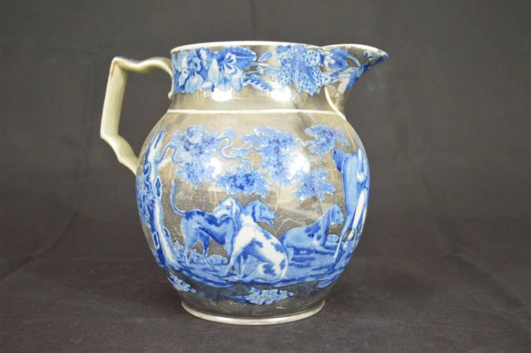 Silver Lustre Huntsman Jug with Blue Detailing - Unknown