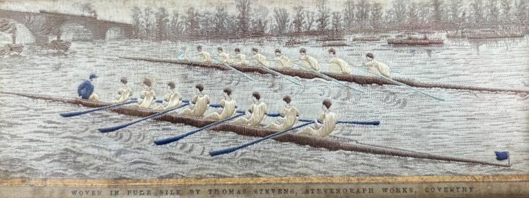 Pair of Stevens Silk Embroideries of Cambridge & Oxford Rowers on the Thames - Thomas Stevens