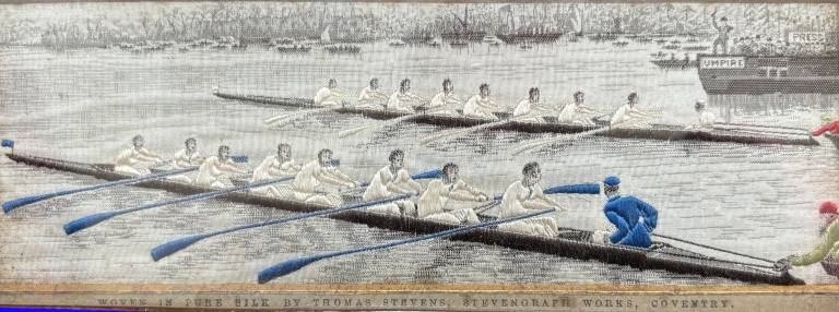 Pair of Stevens Silk Embroideries of Cambridge & Oxford Rowers on the Thames - Thomas Stevens