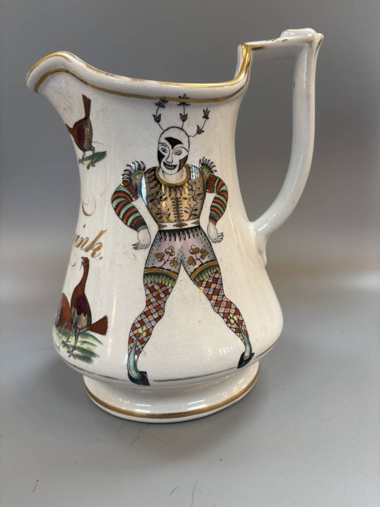 Elsmore and Forster Jug with Harlequins & Cocks & Boys Drink Inscription - Elsmore and Forster