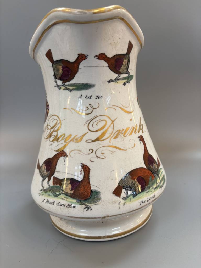 Elsmore and Forster Jug with Harlequins & Cocks & Boys Drink Inscription - Elsmore and Forster