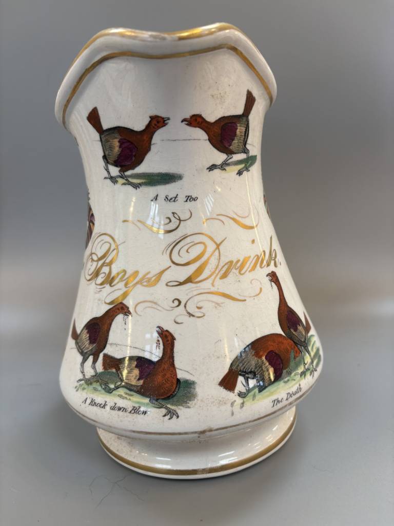 Elsmore and Forster Jug with Harlequins & Cocks & Boys Drink Inscription - Elsmore and Forster