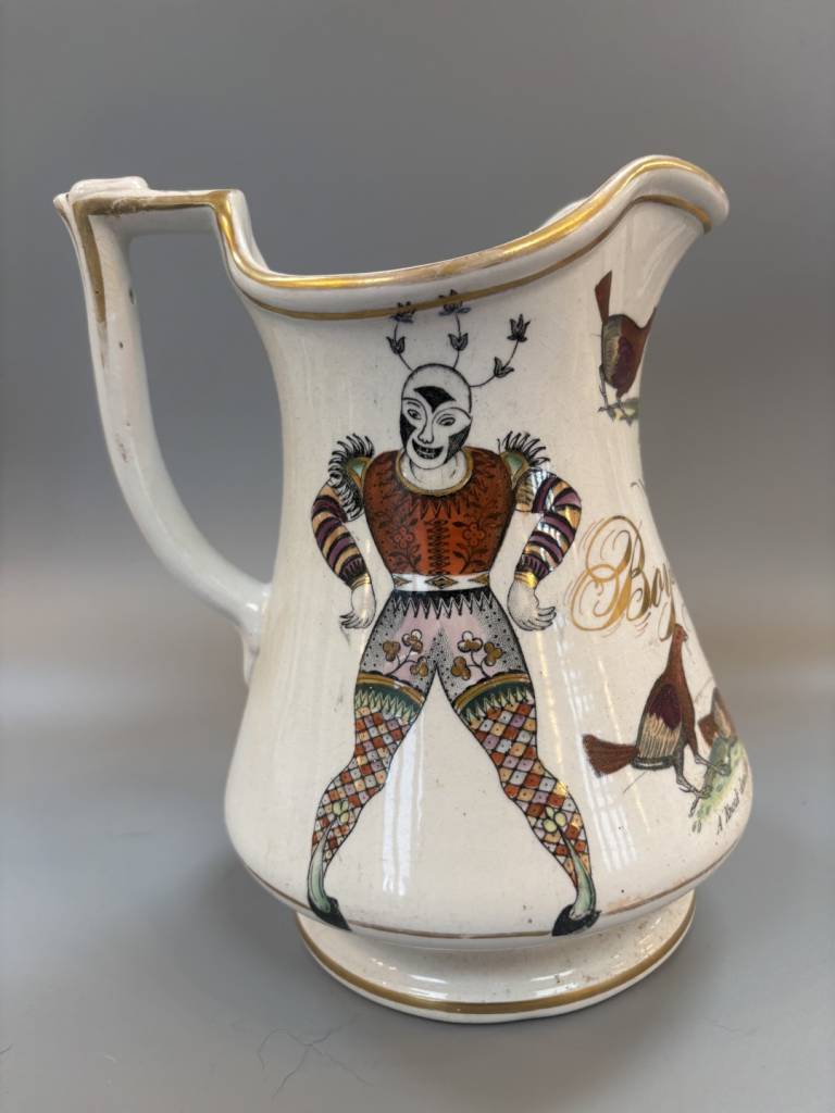 Elsmore and Forster Jug with Harlequins & Cocks & Boys Drink Inscription - Elsmore and Forster