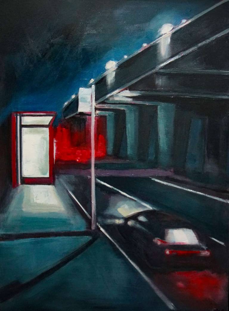 Just a Bus Stop in Hounslow. Framed in charcoal wood open tray frame. - Helena Butler