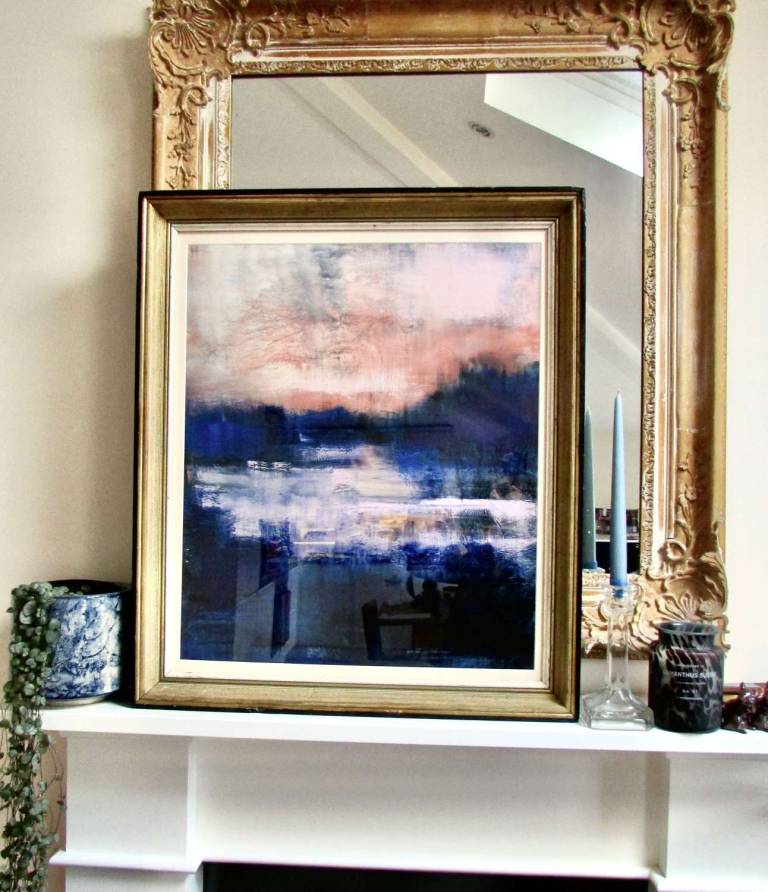 The Thames at Night,  framed in 1950s gold and black solid wood frame - Helena Butler