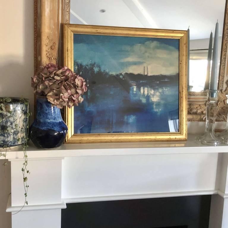 Barges on the Canal at Brentford, Print in vintage 50s gold frame - Helena Butler