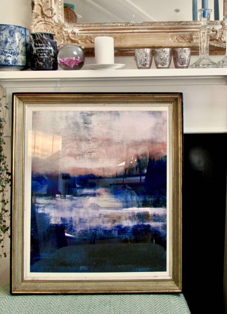 The Thames at Night,  framed in 1950s gold and black solid wood frame - Helena Butler