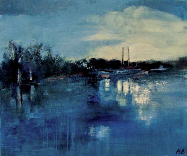 Barges on the Canal at Brentford, Print in vintage 50s gold frame - Helena Butler