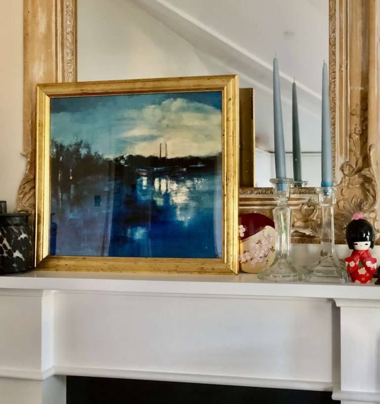 Barges on the Canal at Brentford, Print in vintage 50s gold frame - Helena Butler