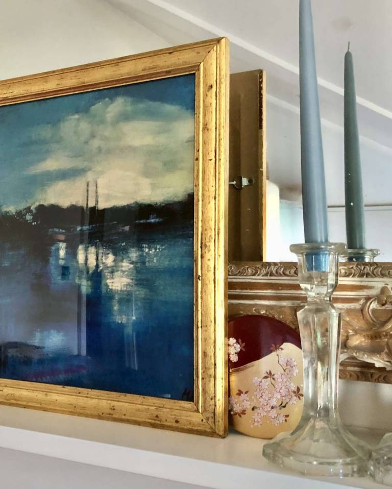 Barges on the Canal at Brentford, Print in vintage 50s gold frame - Helena Butler